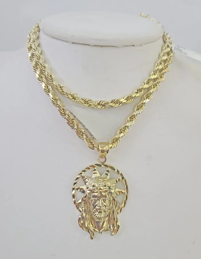 Gold and Diamond Necklaces 10k Jesus Christ Pendant Rope Chain 5mm 1826 SET Necklace Charm Gold and Diamond Necklaces 10k Jesus Christ Pendant Rope Chain 5mm 1826 SET Necklace Charm