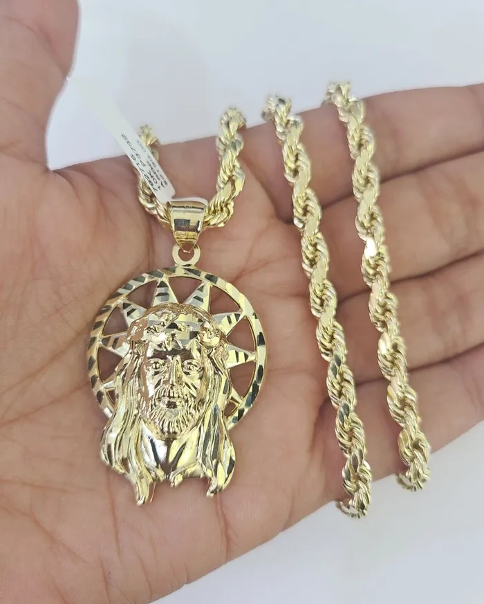 Gold and Diamond Necklaces 10k Jesus Christ Pendant Rope Chain 5mm 1826 SET Necklace Charm