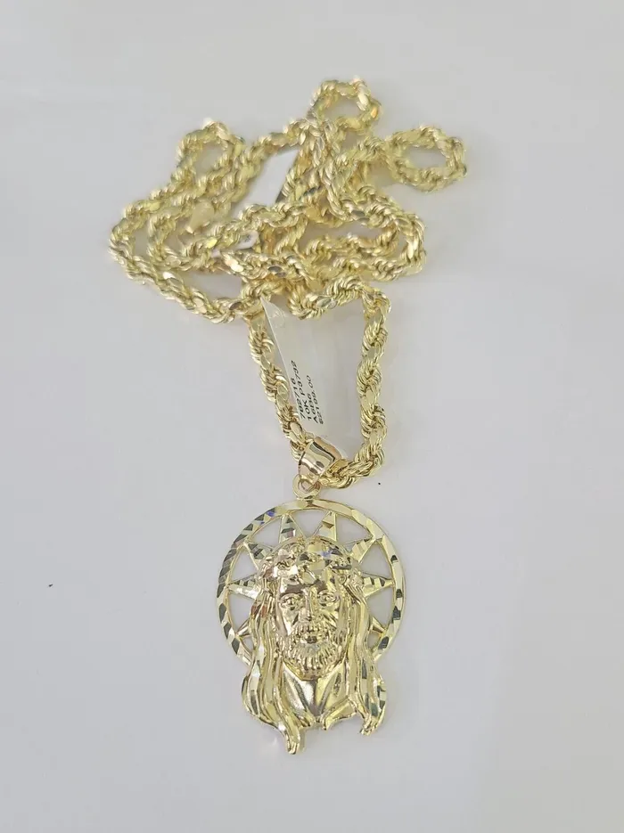 Gold and Diamond Necklaces 10k Jesus Christ Pendant Rope Chain 5mm 1826 SET Necklace Charm