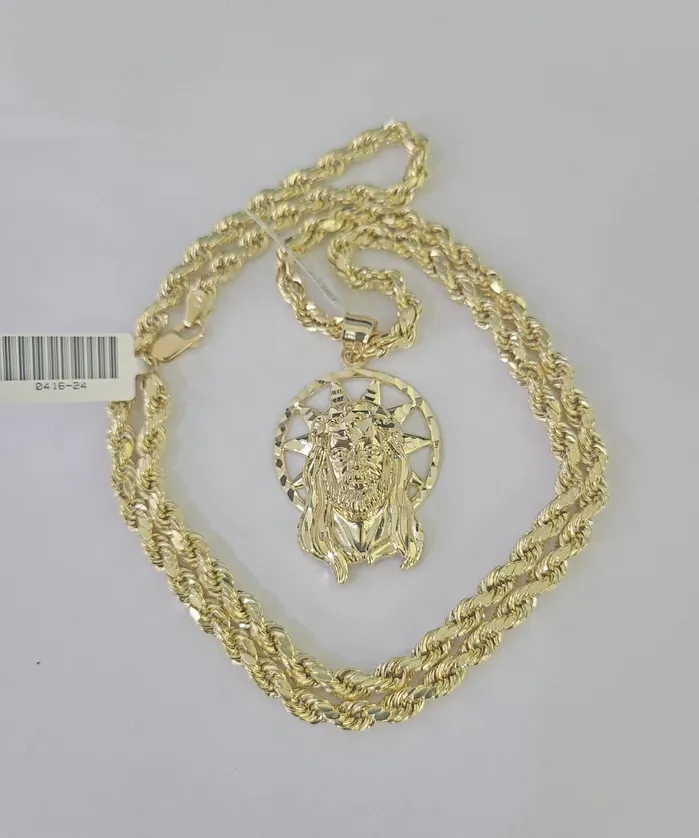 Gold and Diamond Necklaces 10k Jesus Christ Pendant Rope Chain 5mm 1826 SET Necklace Charm