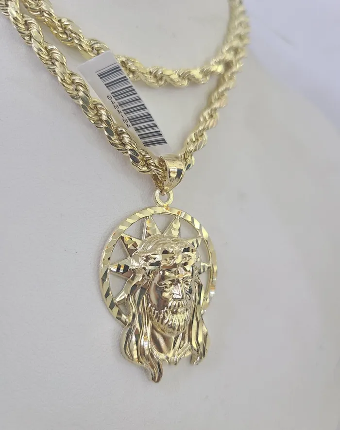 Gold and Diamond Necklaces 10k Jesus Christ Pendant Rope Chain 5mm 1826 SET Necklace Charm