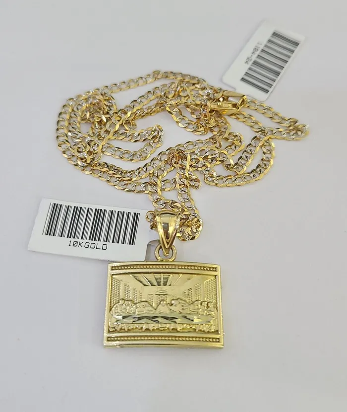 Gold and Diamond Necklaces 10k Solid Gold Cuban Curb Chain Last Supper Pendant 2mm 1824 SET Necklace Gold and Diamond Necklaces 10k Solid Gold Cuban Curb Chain Last Supper Pendant 2mm 1824 SET Necklace