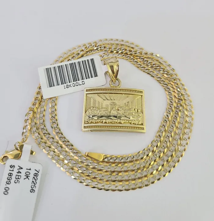Gold and Diamond Necklaces 10k Solid Gold Cuban Curb Chain Last Supper Pendant 2mm 1824 SET Necklace
