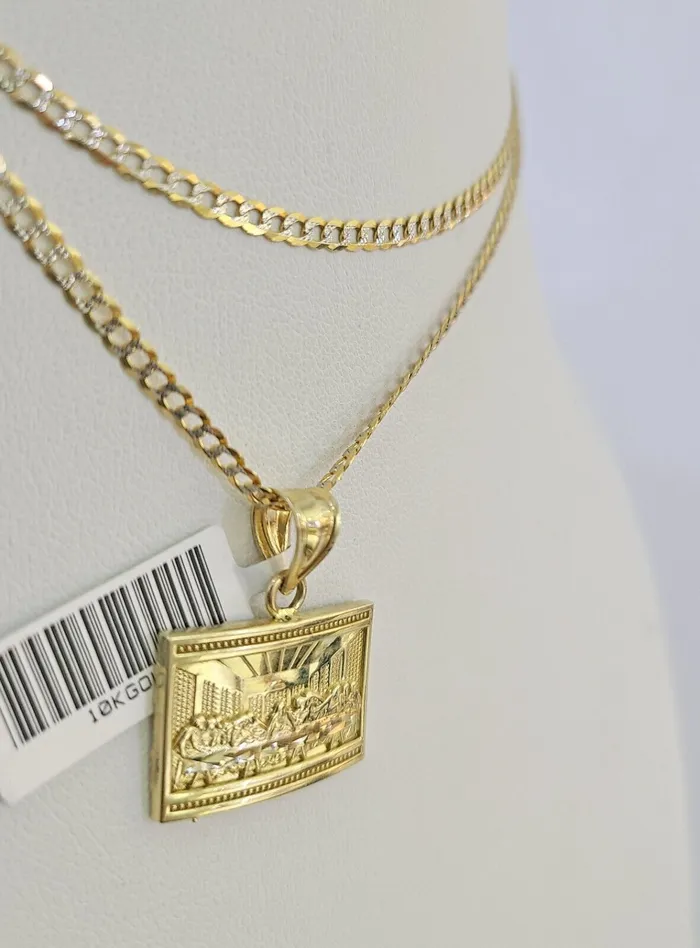 Gold and Diamond Necklaces 10k Solid Gold Cuban Curb Chain Last Supper Pendant 2mm 1824 SET Necklace