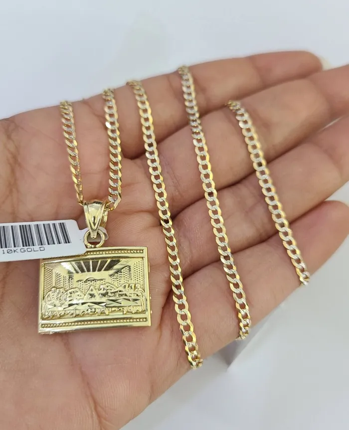 Gold and Diamond Necklaces 10k Solid Gold Cuban Curb Chain Last Supper Pendant 2mm 1824 SET Necklace