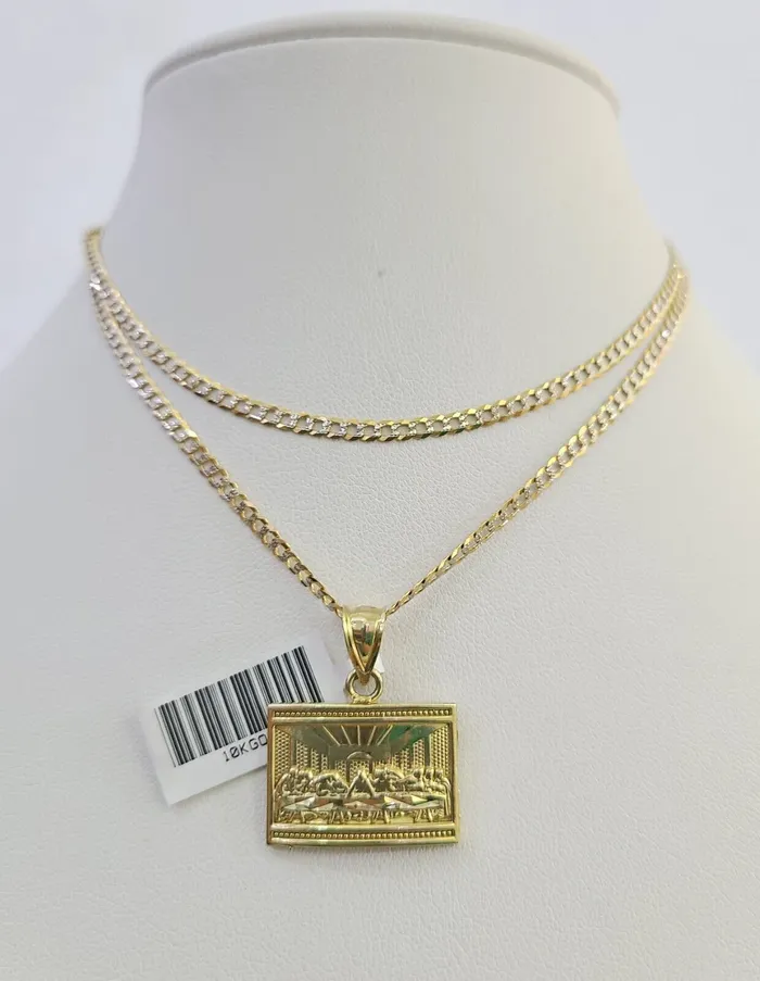 Gold and Diamond Necklaces 10k Solid Gold Cuban Curb Chain Last Supper Pendant 2mm 1824 SET Necklace