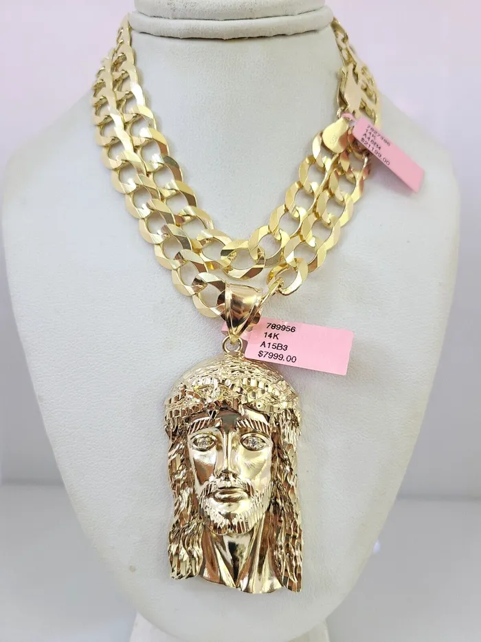 Gold and Diamond Necklaces 14k Gold Chain Jesus Head Charm Solid Cuban Curb 10mm 2030 SET Necklace Gold and Diamond Necklaces 14k Gold Chain Jesus Head Charm Solid Cuban Curb 10mm 2030 SET Necklace