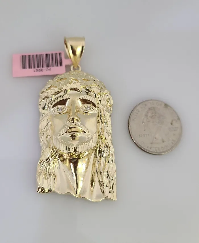 Gold and Diamond Necklaces 14k Gold Chain Jesus Head Charm Solid Cuban Curb 10mm 2030 SET Necklace