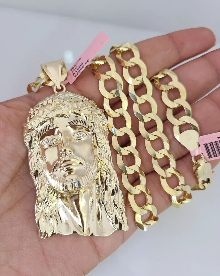 Gold and Diamond Necklaces 14k Gold Chain Jesus Head Charm Solid Cuban Curb 10mm 2030 SET Necklace