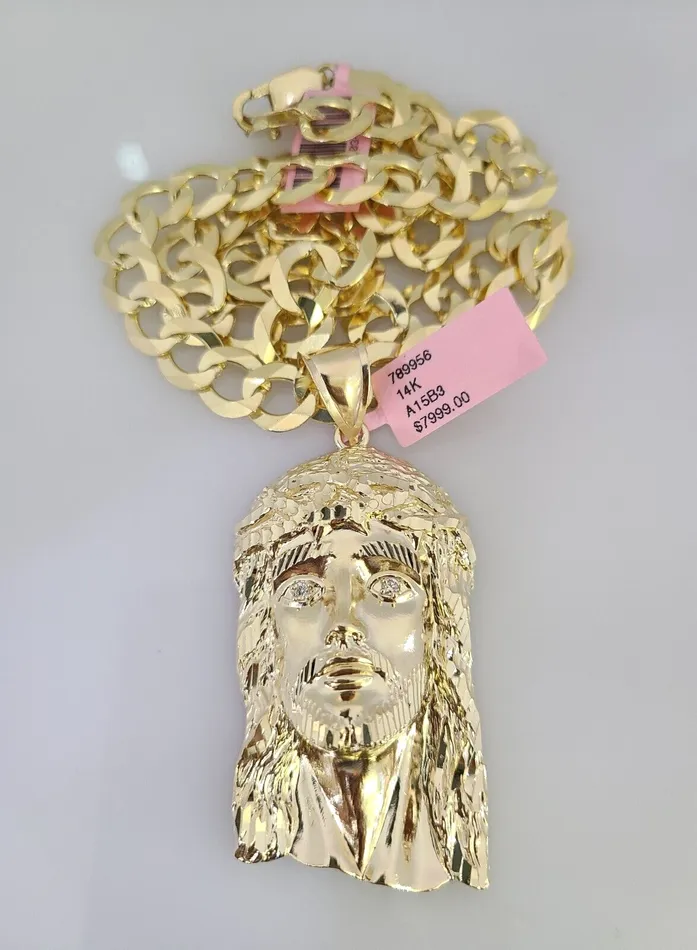 Gold and Diamond Necklaces 14k Gold Chain Jesus Head Charm Solid Cuban Curb 10mm 2030 SET Necklace