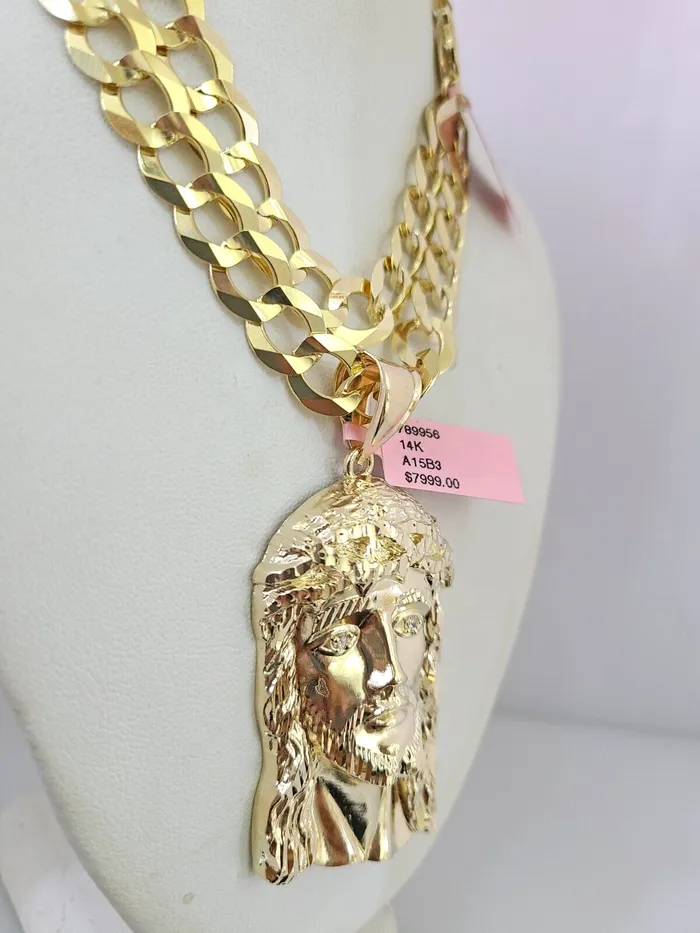 Gold and Diamond Necklaces 14k Gold Chain Jesus Head Charm Solid Cuban Curb 10mm 2030 SET Necklace