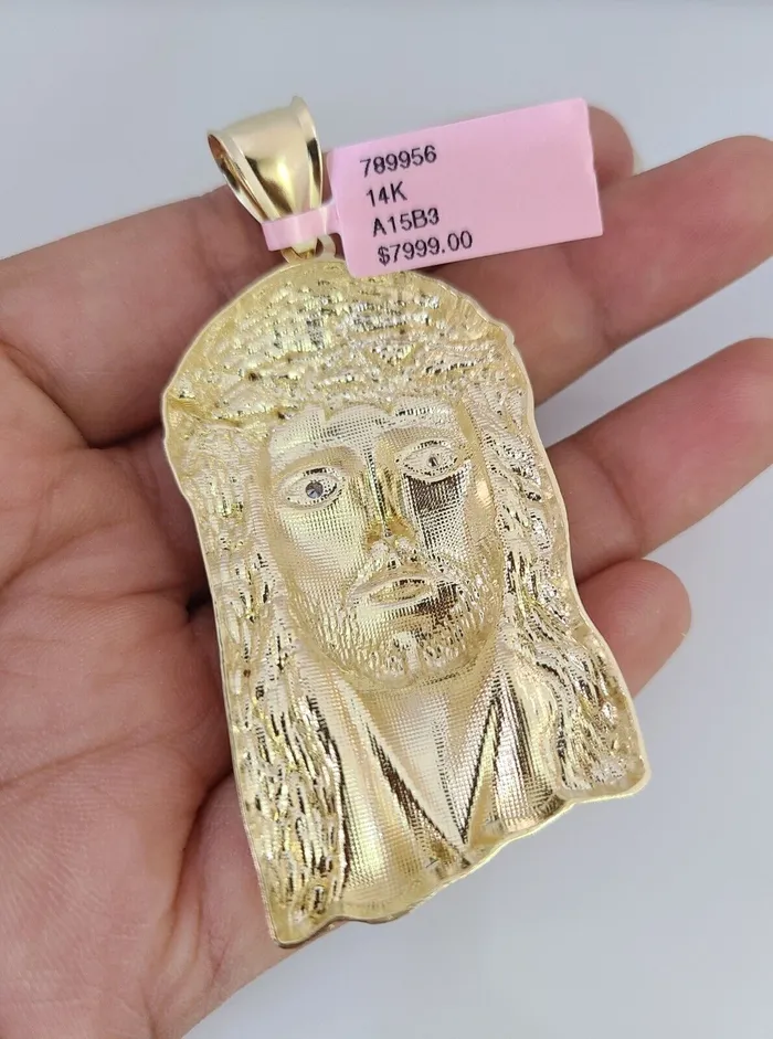 Gold and Diamond Necklaces 14k Gold Chain Jesus Head Charm Solid Cuban Curb 10mm 2030 SET Necklace