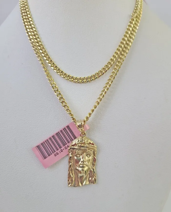Gold and Diamond Necklaces 14k Miami Cuban Chain Jesus Head Charm Yellow Gold Set 3mm 1828 Necklace Gold and Diamond Necklaces 14k Miami Cuban Chain Jesus Head Charm Yellow Gold Set 3mm 1828 Necklace