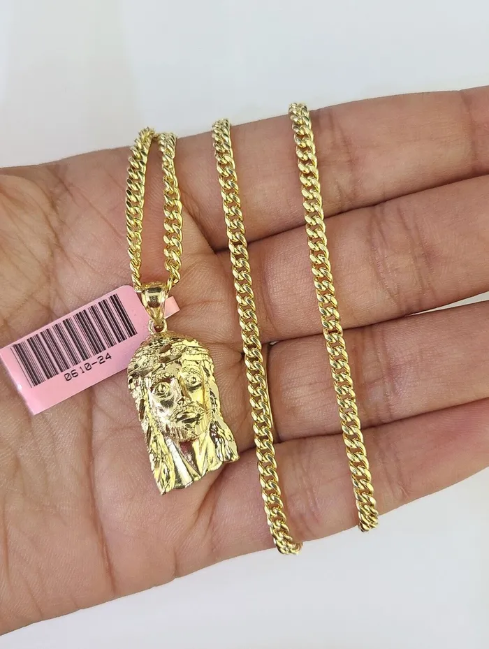 Gold and Diamond Necklaces 14k Miami Cuban Chain Jesus Head Charm Yellow Gold Set 3mm 1828 Necklace