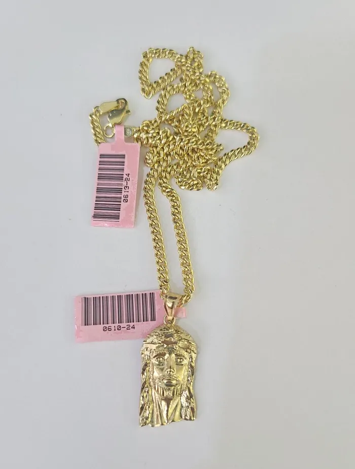 Gold and Diamond Necklaces 14k Miami Cuban Chain Jesus Head Charm Yellow Gold Set 3mm 1828 Necklace