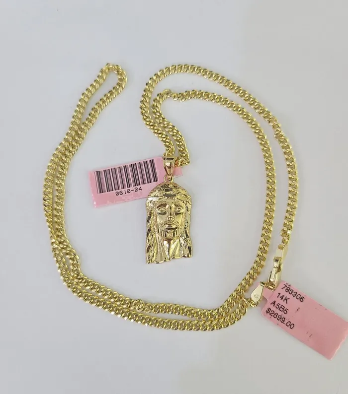 Gold and Diamond Necklaces 14k Miami Cuban Chain Jesus Head Charm Yellow Gold Set 3mm 1828 Necklace