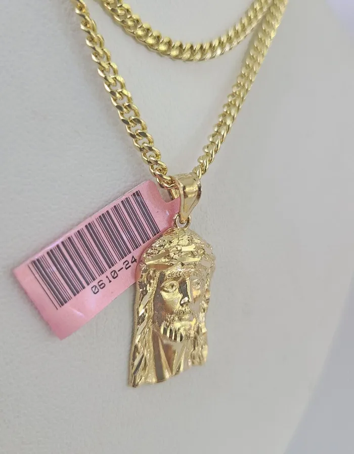 Gold and Diamond Necklaces 14k Miami Cuban Chain Jesus Head Charm Yellow Gold Set 3mm 1828 Necklace