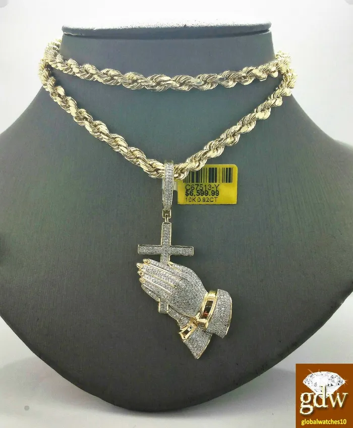 Gold and Diamond Necklaces Real 10k Yellow Gold Diamond Guardian Praying Hand with 26 Inches Rope Chain Gold and Diamond Necklaces Real 10k Yellow Gold Diamond Guardian Praying Hand with 26 Inches Rope Chain
