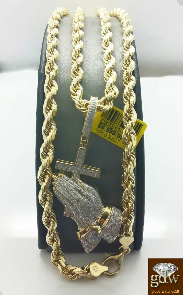 Gold and Diamond Necklaces Real 10k Yellow Gold Diamond Guardian Praying Hand with 26 Inches Rope Chain