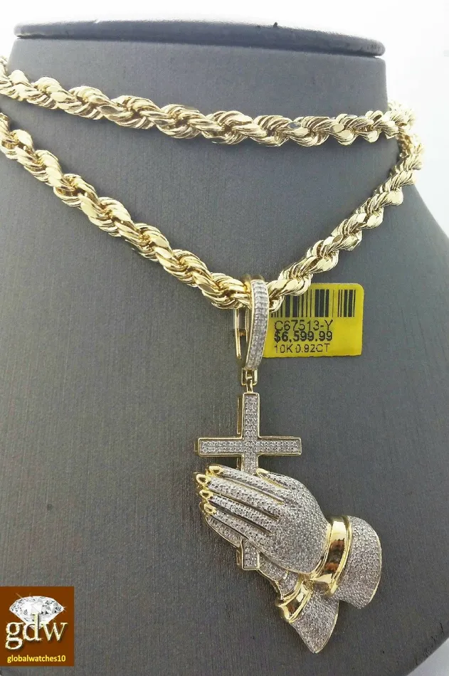 Gold and Diamond Necklaces Real 10k Yellow Gold Diamond Guardian Praying Hand with 26 Inches Rope Chain