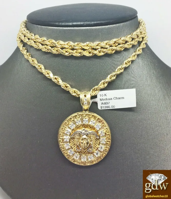 Gold and Diamond Necklaces Real 10k Yellow Gold Head Charm Pendant 26 inch Rope Chain Necklace Men Gold and Diamond Necklaces Real 10k Yellow Gold Head Charm Pendant 26 inch Rope Chain Necklace Men