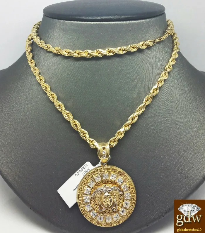 Gold and Diamond Necklaces Real 10k Yellow Gold Head Charm Pendant 26 inch Rope Chain Necklace Men
