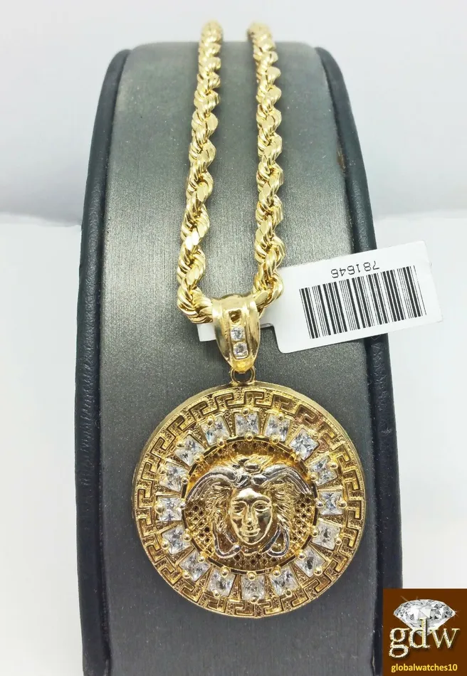 Gold and Diamond Necklaces Real 10k Yellow Gold Head Charm Pendant 26 inch Rope Chain Necklace Men
