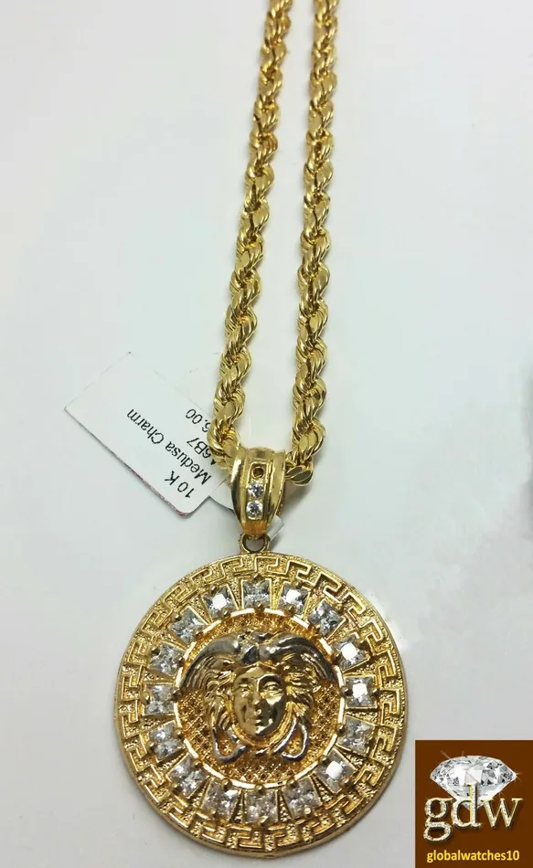 Gold and Diamond Necklaces Real 10k Yellow Gold Head Charm Pendant 26 inch Rope Chain Necklace Men