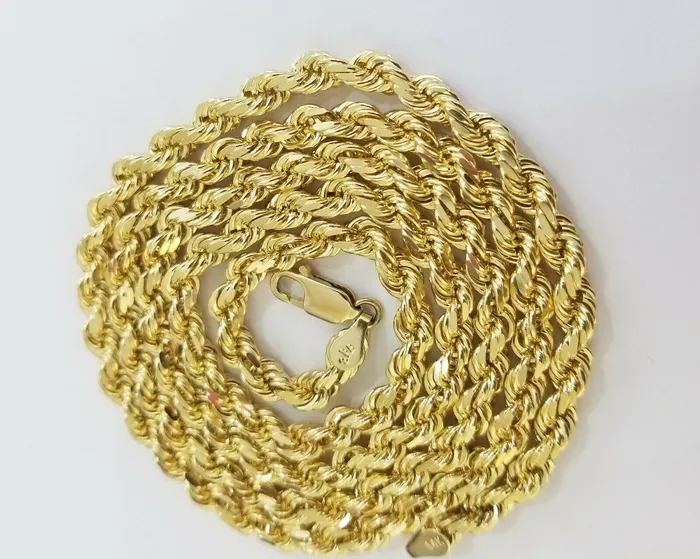 Gold and Diamond Necklaces Real 14K SOLID Yellow Gold Rope Chain 45mm 26 Inches necklace Lobster Lock 14kt