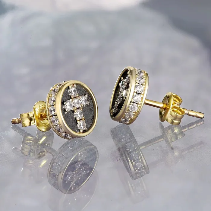 KRKC Earrings Diamond Cross Earrings Round Stud for Men
