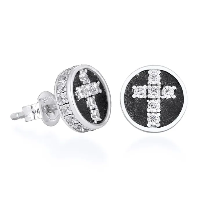 KRKC Earrings Diamond Cross Earrings Round Stud for Men