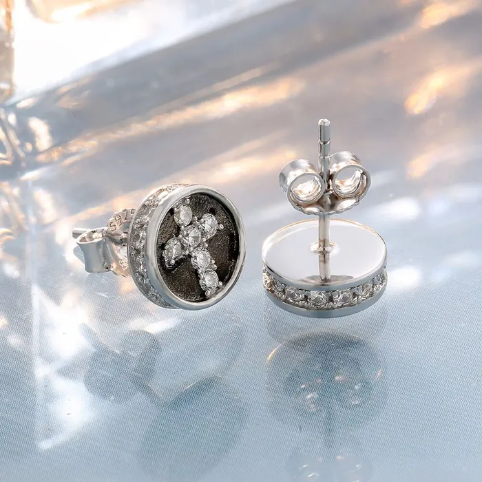KRKC Earrings Diamond Cross Earrings Round Stud for Men