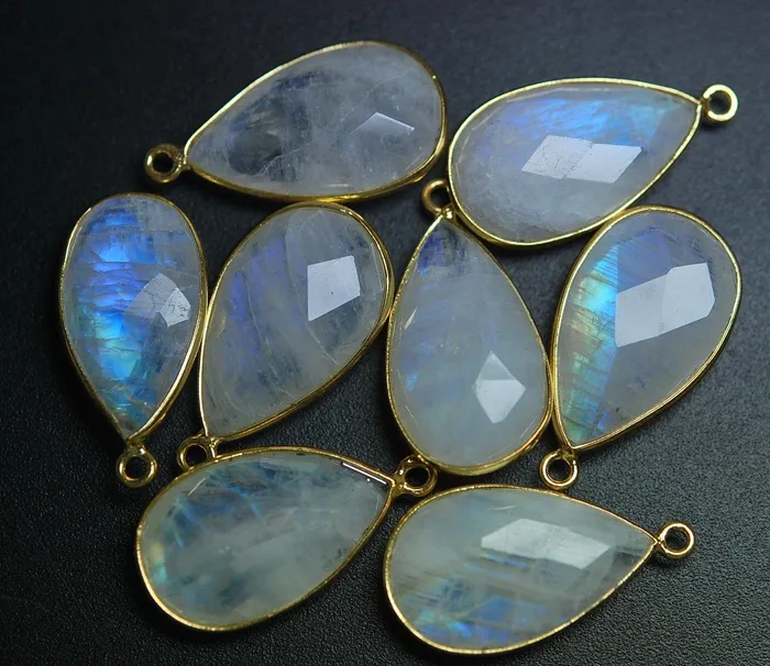Necklaces Beads Supplies USA 925 Sterling Vermeil SilverRainbow Moonstone Faceted Pear Shape Pendant 2 Piece Of 20mm Approx