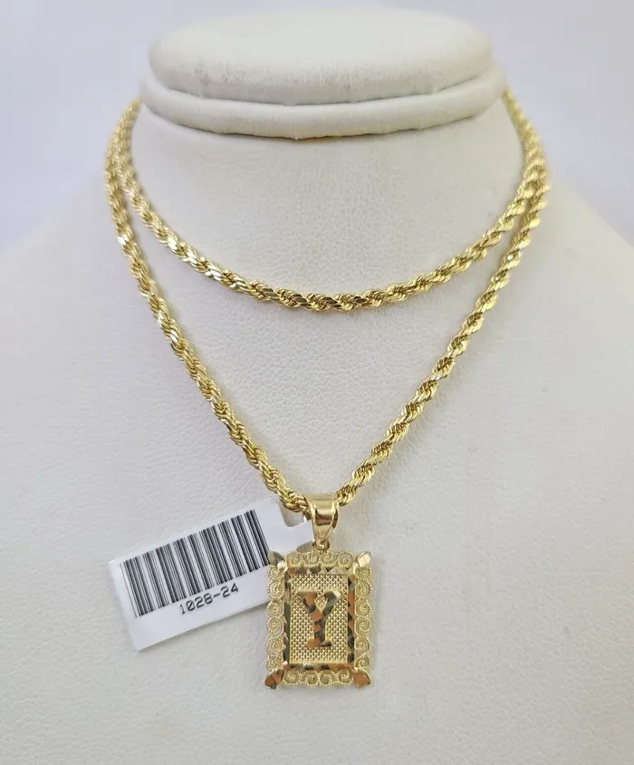 Necklaces Gold and Diamond 10k Gold Initial Y Charm Rope Chain 1626 25mm SET Necklace Alphabet Pendant Necklaces Gold and Diamond 10k Gold Initial Y Charm Rope Chain 1626 25mm SET Necklace Alphabet Pendant