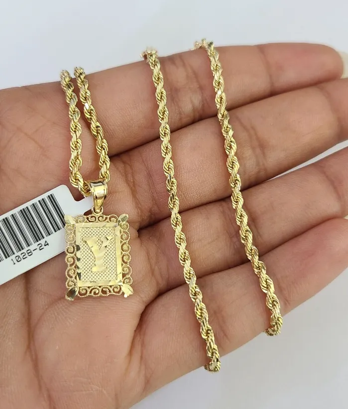 Necklaces Gold and Diamond 10k Gold Initial Y Charm Rope Chain 1626 25mm SET Necklace Alphabet Pendant
