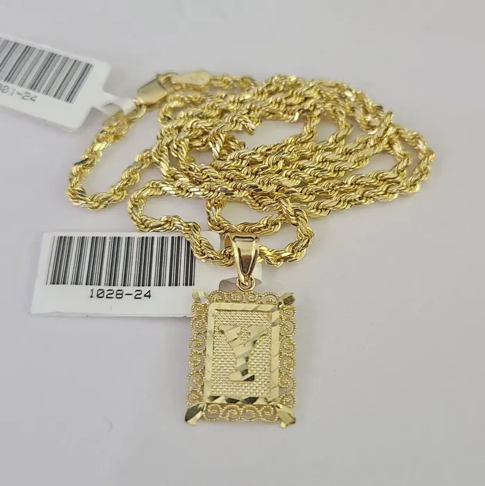 Necklaces Gold and Diamond 10k Gold Initial Y Charm Rope Chain 1626 25mm SET Necklace Alphabet Pendant
