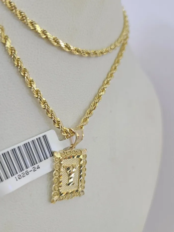 Necklaces Gold and Diamond 10k Gold Initial Y Charm Rope Chain 1626 25mm SET Necklace Alphabet Pendant