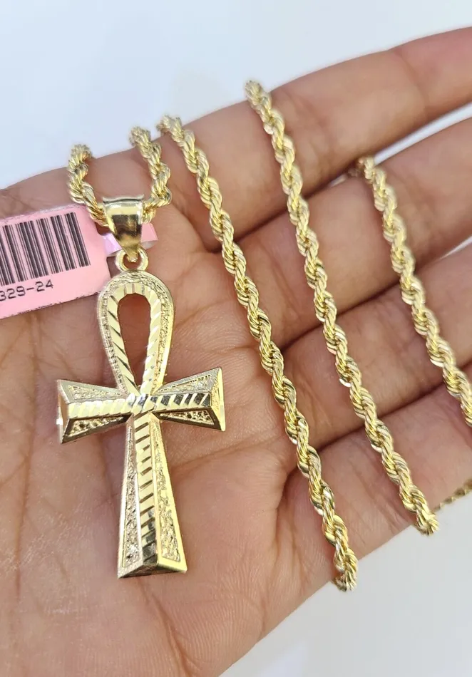 Real 14k Solid Rope Chain Jesus Ankh Cross Charm Set 3mm 1826 Necklace Gold Gold and Diamond Necklaces Real 14k Solid Rope Chain Jesus Ankh Cross Charm Set 3mm 1826 Necklace Gold Gold and Diamond Necklaces