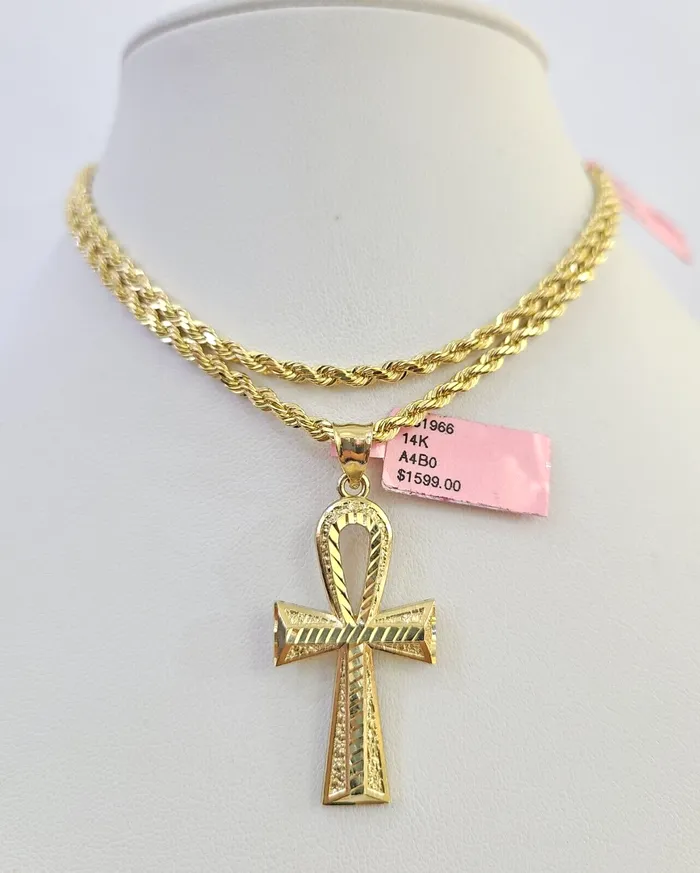 Real 14k Solid Rope Chain Jesus Ankh Cross Charm Set 3mm 1826 Necklace Gold Gold and Diamond Necklaces