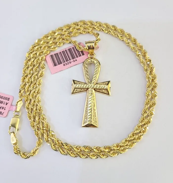 Real 14k Solid Rope Chain Jesus Ankh Cross Charm Set 3mm 1826 Necklace Gold Gold and Diamond Necklaces