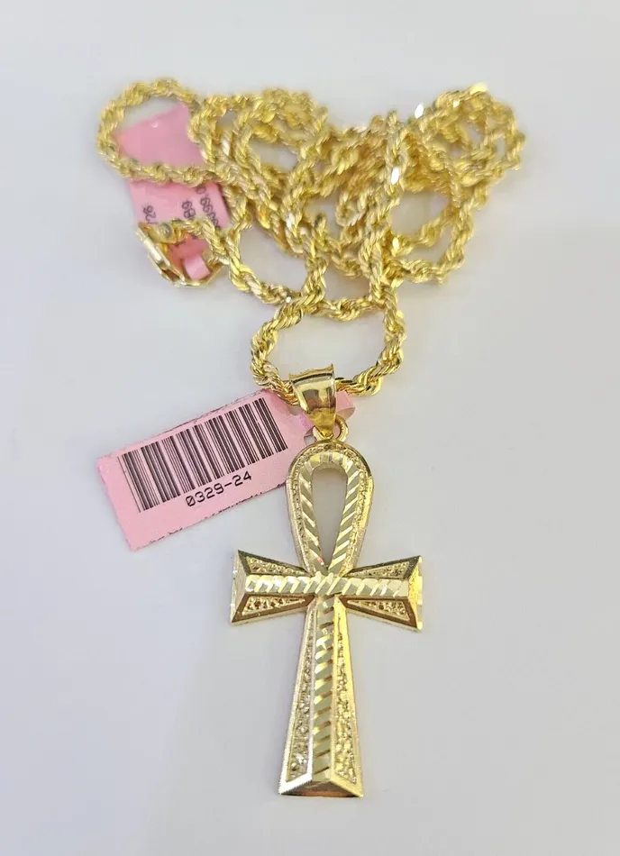 Real 14k Solid Rope Chain Jesus Ankh Cross Charm Set 3mm 1826 Necklace Gold Gold and Diamond Necklaces