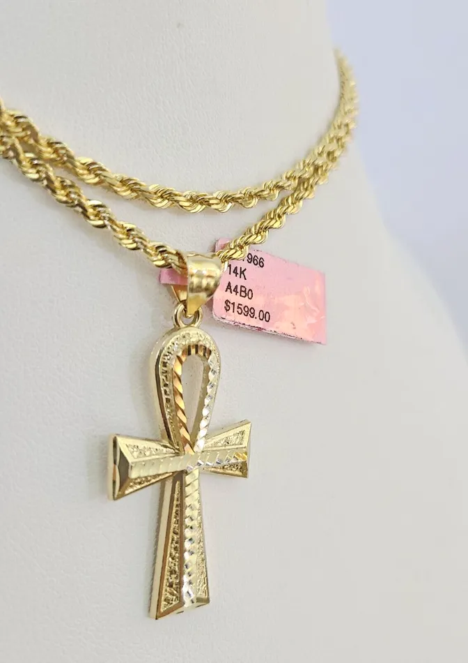 Real 14k Solid Rope Chain Jesus Ankh Cross Charm Set 3mm 1826 Necklace Gold Gold and Diamond Necklaces