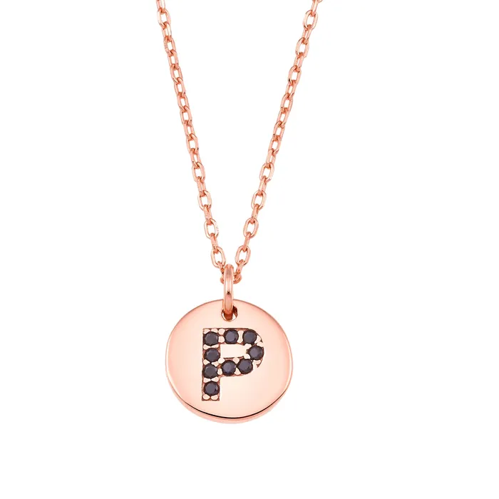 Spirito Rosa Necklaces Magna P Letter Necklace Black CZ Rose Gold Plated 925 Silver Spirito Rosa Necklaces Magna P Letter Necklace Black CZ Rose Gold Plated 925 Silver