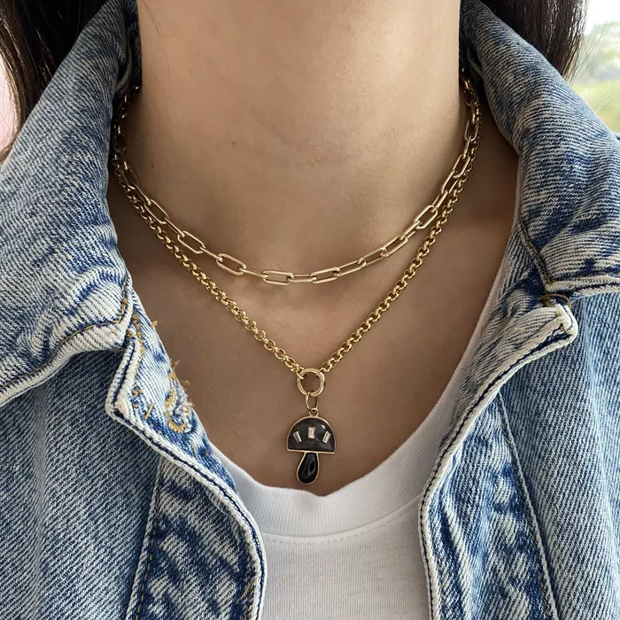 Alev Collection Charm Necklaces Black Mushroom Charm with Baguette Diamonds