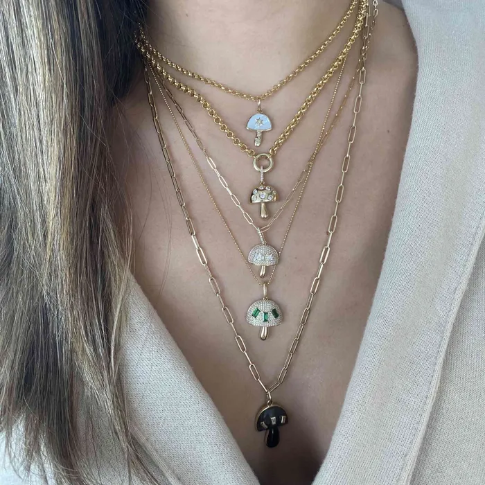 Alev Collection Charm Necklaces Black Mushroom Charm with Baguette Diamonds
