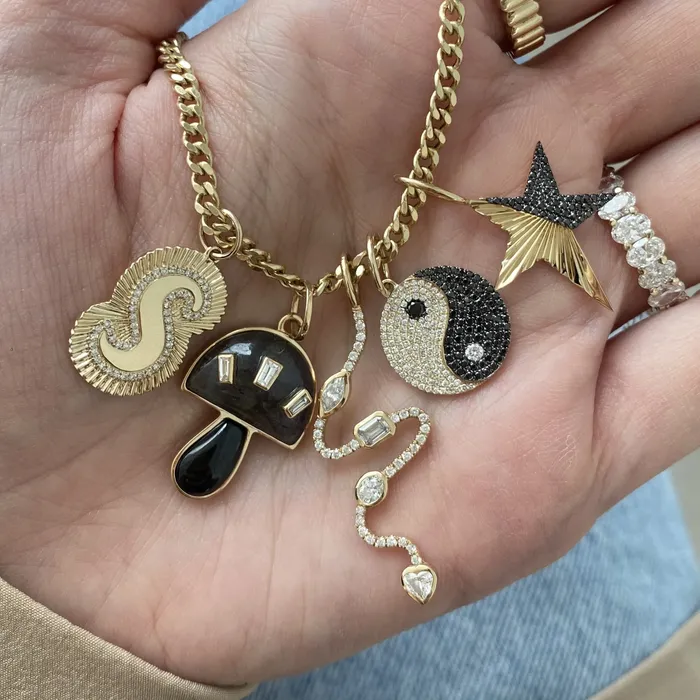 Alev Collection Charm Necklaces Black Mushroom Charm with Baguette Diamonds