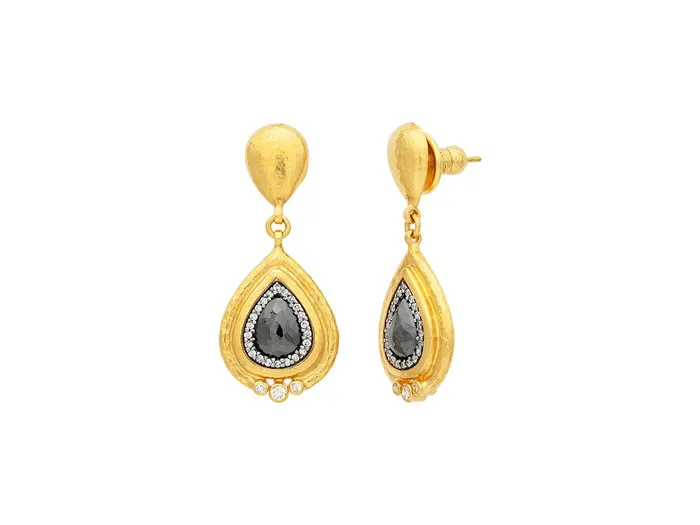 GG GOLD OOAK Earrings GURHAN Muse Gold Black and White Diamond Single Drop Earrings Teardrop set in Wide Frame
