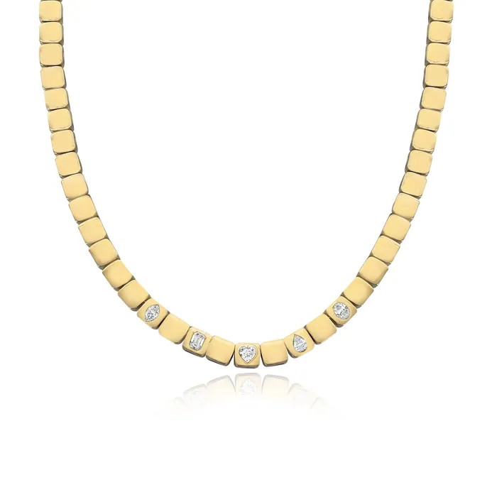 Large Five Solitaire Diamonds Golden Square Necklace Alev Collection Necklaces