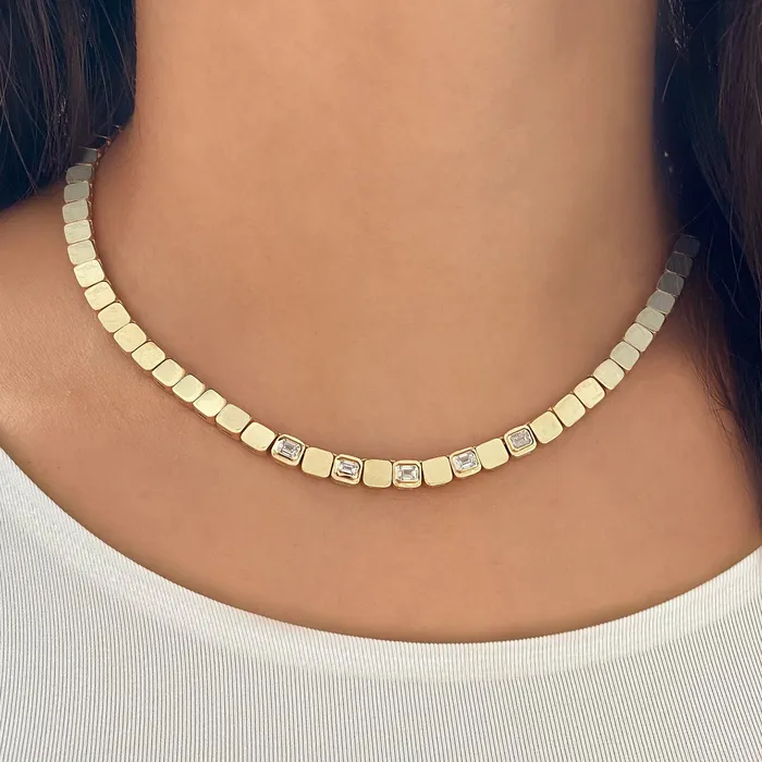 Large Five Solitaire Diamonds Golden Square Necklace Alev Collection Necklaces