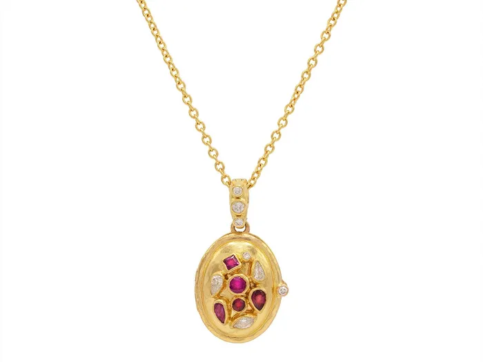 Necklaces GG GOLD OOAK GURHAN Locket Gold Ruby and Diamond Pendant Necklace 155mm Wide Oval Clustered Stones Necklaces GG GOLD OOAK GURHAN Locket Gold Ruby and Diamond Pendant Necklace 155mm Wide Oval Clustered Stones